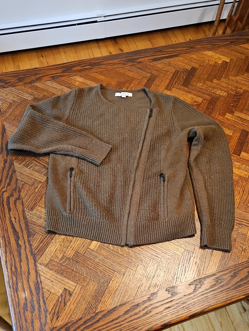 Waffle Knit Zip-Front Women's Sweater Jacket in Olive
